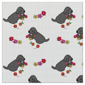 Schwarzer Labrador-Welpen-Blumen-Korb-Cartoon Stoff (Nahaufnahme)
