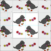 Schwarzer Labrador-Welpen-Blumen-Korb-Cartoon Stoff (Kachel)