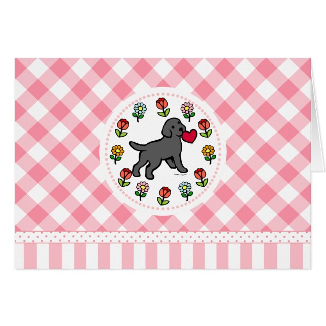 Schwarzer Labrador-Welpen-Herz-Cartoon mit Blumen (Vorderseite (Horizontal))