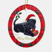 Schwarzer Labrador-Welpenwelpen-Weihnachtsmannmütz Keramik Ornament (Links)