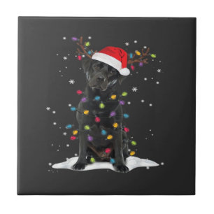 Schwarzer Labrador Xmas Hund Weihnachtsbaum Licht Fliese
