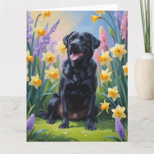 Schwarzer Labradorhund Frühlingsblumenmalerei Karte
