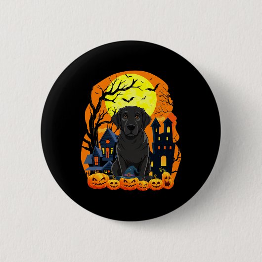 Schwarzer Labradorhund mit Kürbissen Lustig Grusel Button (Vorderseite)