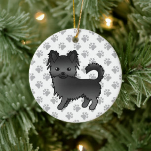 Schwarzer Langmantel-Chihuahua-Cartoon-Hund & Pfot Keramik Ornament