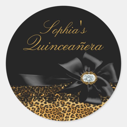 Schwarzer Leopard & Bow Quinceanera Sticker (Vorderseite)