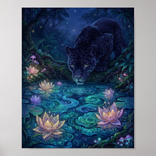 Schwarzer Leopard, der in einen magischen nächtlic Poster
