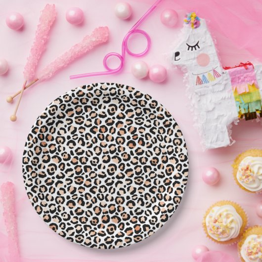 Schwarzer Leopard-Druck mit weißem Pfirsich Pappteller (Party)