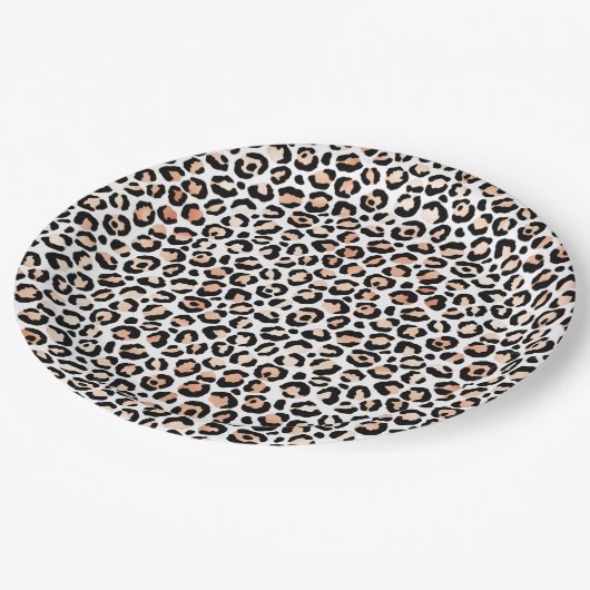 Schwarzer Leopard-Druck mit weißem Pfirsich Pappteller (Schrägansicht)
