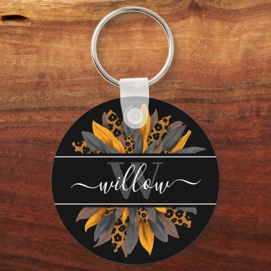 Schwarzer Leopard-Flecken Sonnenblumenname Monogra Schlüsselanhänger (Vorderseite)
