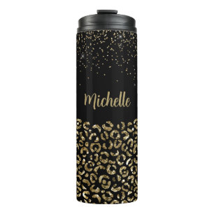 Schwarzer Leopard Glitter personalisierter Name Thermosbecher