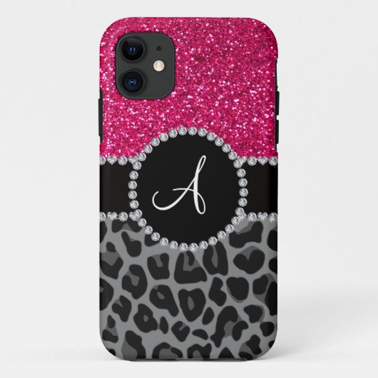 Schwarzer Leopard-Glitzer Monogramm Case-Mate iPhone Hülle (Rückseite)