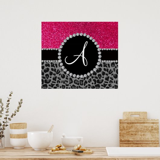 Schwarzer Leopard-Glitzer Monogramm Poster (Küche)