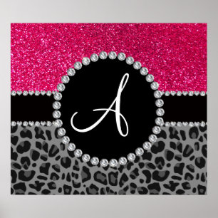 Schwarzer Leopard-Glitzer Monogramm Poster