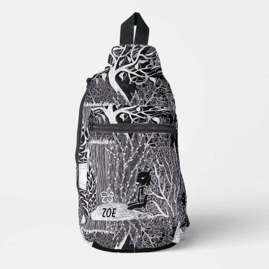 Schwarzer Leopard im Dschungel, handgezeichnet, ge Crossbody Bag (Vorderseite)