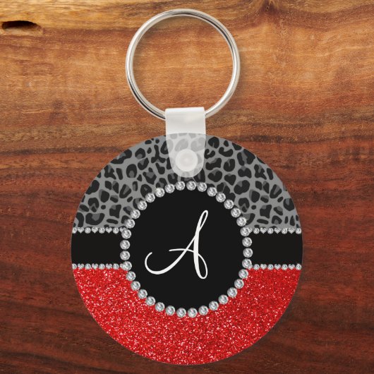 Schwarzer Leopard, Monogramm, roter Glitzer Schlüsselanhänger (Vorderseite)