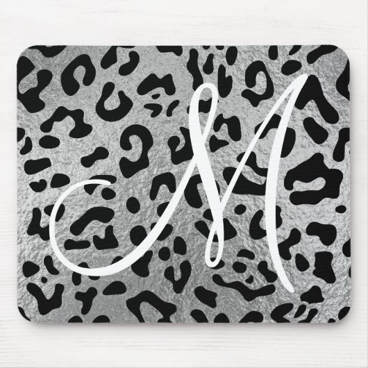 Schwarzer Leopard und Imitate Silver Foil Monogram Mousepad (Vorne)