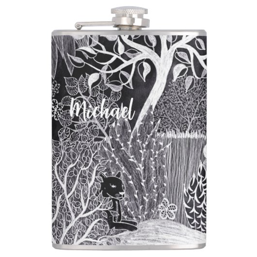 Schwarzer Leoparden im Dschungel - handgezeichnet, Flachmann (Vorderseite)