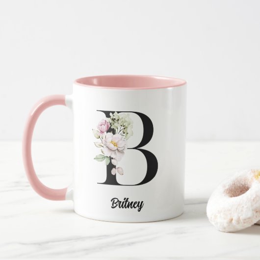 Schwarzer Letter-Watercolor-Blume Tasse (Mit Donut)