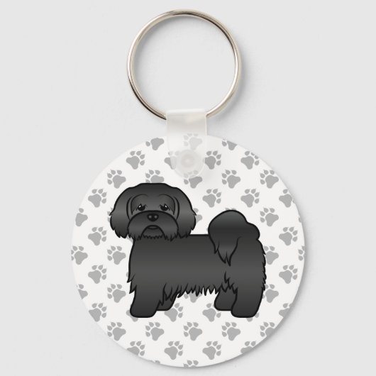 Schwarzer Lhasa Apso Niedlicher Cartoon Dog Illust Schlüsselanhänger (Vorderseite)