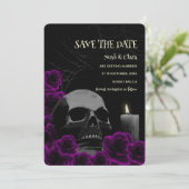 Schwarzer Lila Dunkelgothischer Schädel und Rose H Save The Date (Stehend Vorderseite)