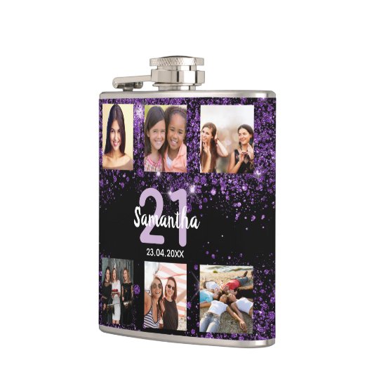 Schwarzer lila Glitzer Foto Collage Flachmann (Links)