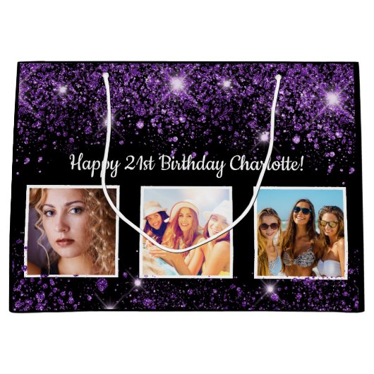 Schwarzer lila Glitzer Große Geschenktüte (Vorderseite)