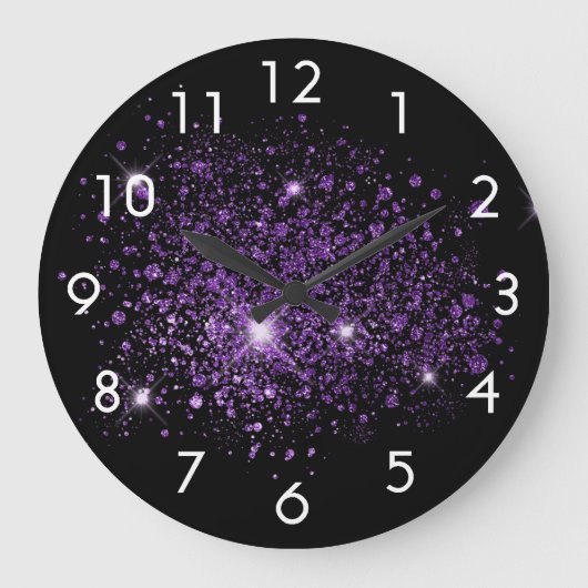 Schwarzer lila Glitzer Große Wanduhr (Vorderseite)