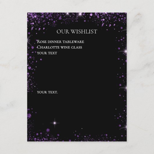 Schwarzer lila Glitzer Hochzeitsstifter QR-Code Begleitkarte (Rückseite)