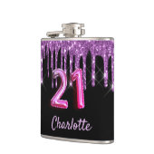 Schwarzer lila Glitzer Monogramm zum 21. Geburtsta Flachmann (Links)