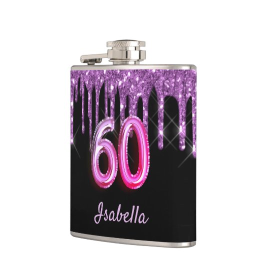 Schwarzer lila Glitzer-Monogramm zum 60. Geburtsta Flachmann (Links)