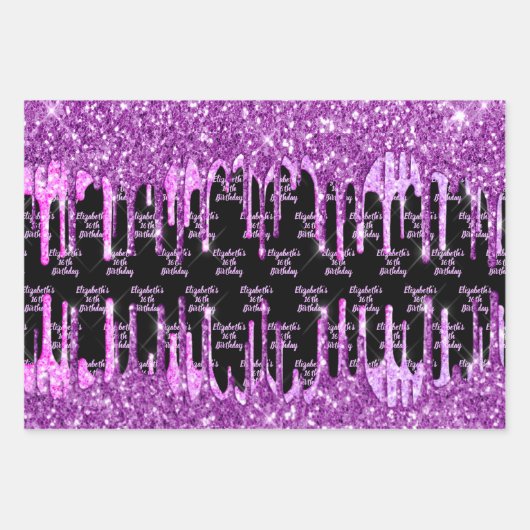 Schwarzer lila Glitzer Rosa Tropfen Monogramm Geschenkpapier Set (Vorderseite 2)