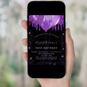 Schwarzer lila Glitzer-Staubballons zum Geburtstag Einladung