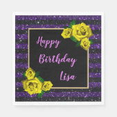 Schwarzer Lila Glitzer Streifen Gelbe Rosen Geburt Serviette (Vorderseite)