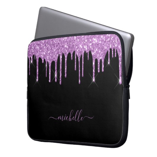 Schwarzer lila Glitzer Tropfen glänzen Glasklam-Na Laptopschutzhülle (Vorderseite Links)