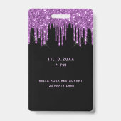 Schwarzer lila Glitzer Tropfen Monogramm vip Ausweis (Rückseite)
