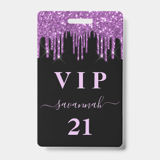 Schwarzer lila Glitzer Tropfen Monogramm vip Ausweis