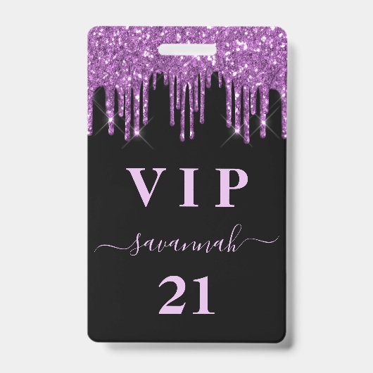 Schwarzer lila Glitzer Tropfen Monogramm vip Ausweis (Vorderseite)
