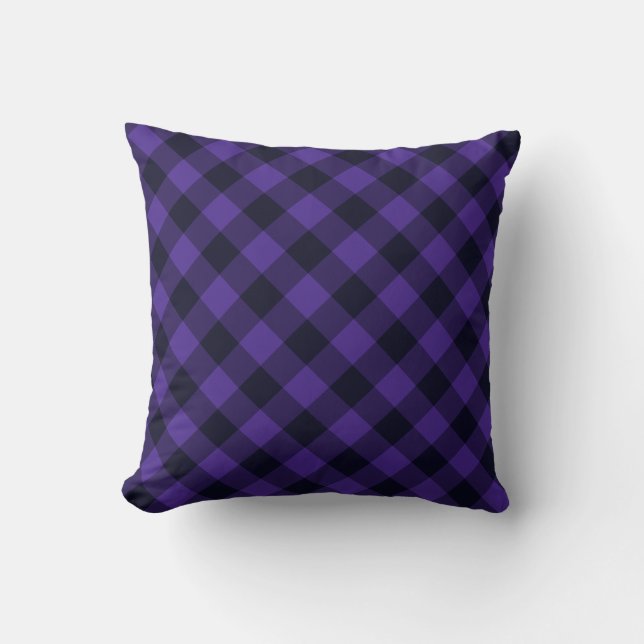 Schwarzer Lila Karo Vintager Throw Kissen (Vorderseite)