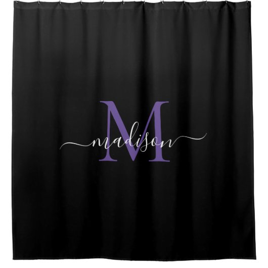 Schwarzer Lila Violet Monogram Feminine Script Nam Duschvorhang (Vorderseite)
