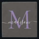 Schwarzer Lila Violet Monogram Feminine Script Nam Steinuntersetzer<br><div class="desc">Eleganter moderner Lila Violet Monogram Feminine Script Name Stone Untersetzer</div>
