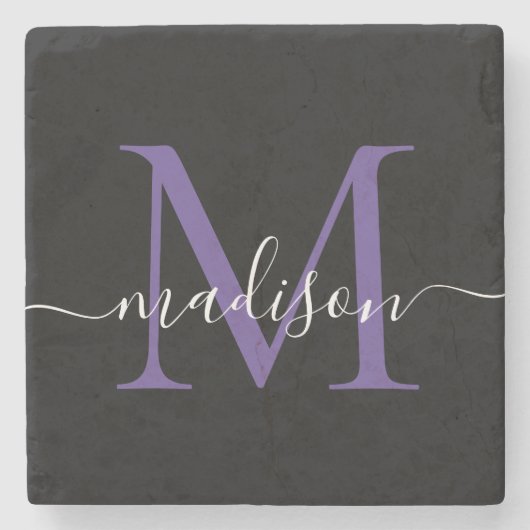 Schwarzer Lila Violet Monogram Feminine Script Nam Steinuntersetzer (Vorderseite)
