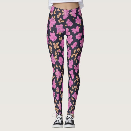 Schwarzer Lulemon Rosa Schmetterlinge Leggings (Vorderseite)