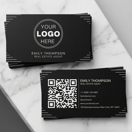 Schwarzer Luxus Art Deco QR Code Minimal Design Visitenkarte