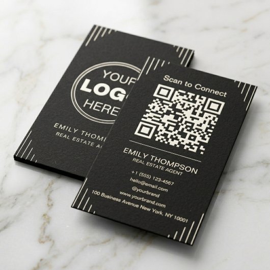 Schwarzer Luxus Art Deco QR Code Minimal Design Visitenkarte