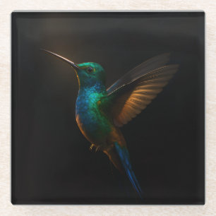 Schwarzer Luxus-Glasuntersetzer, Kolibri im Flug Glasuntersetzer