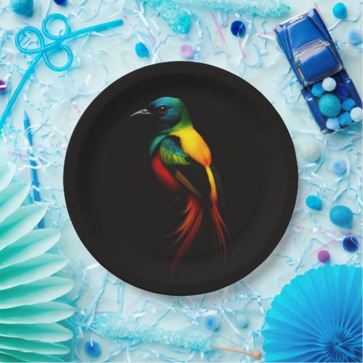 Schwarzer Luxuspapierteller 4 mit Regenbogen-Vogel Pappteller (Party)