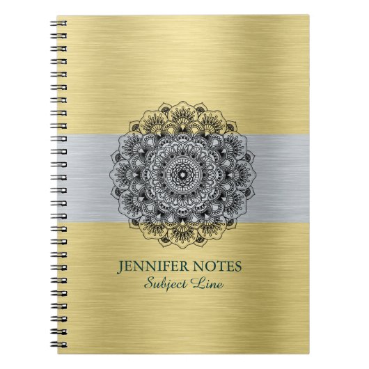 Schwarzer Mandala über metallisches Gold und Silbe Notizblock (Vorderseite)