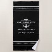 Schwarzer maritimer Bootsname Willkommen an Bord A Strandtuch (Vorderseite)