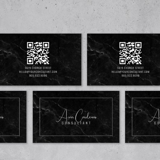 Schwarzer Marmor ElegantScript QR CODE Schwarz und Visitenkarte