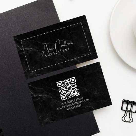Schwarzer Marmor ElegantScript QR CODE Schwarz und Visitenkarte